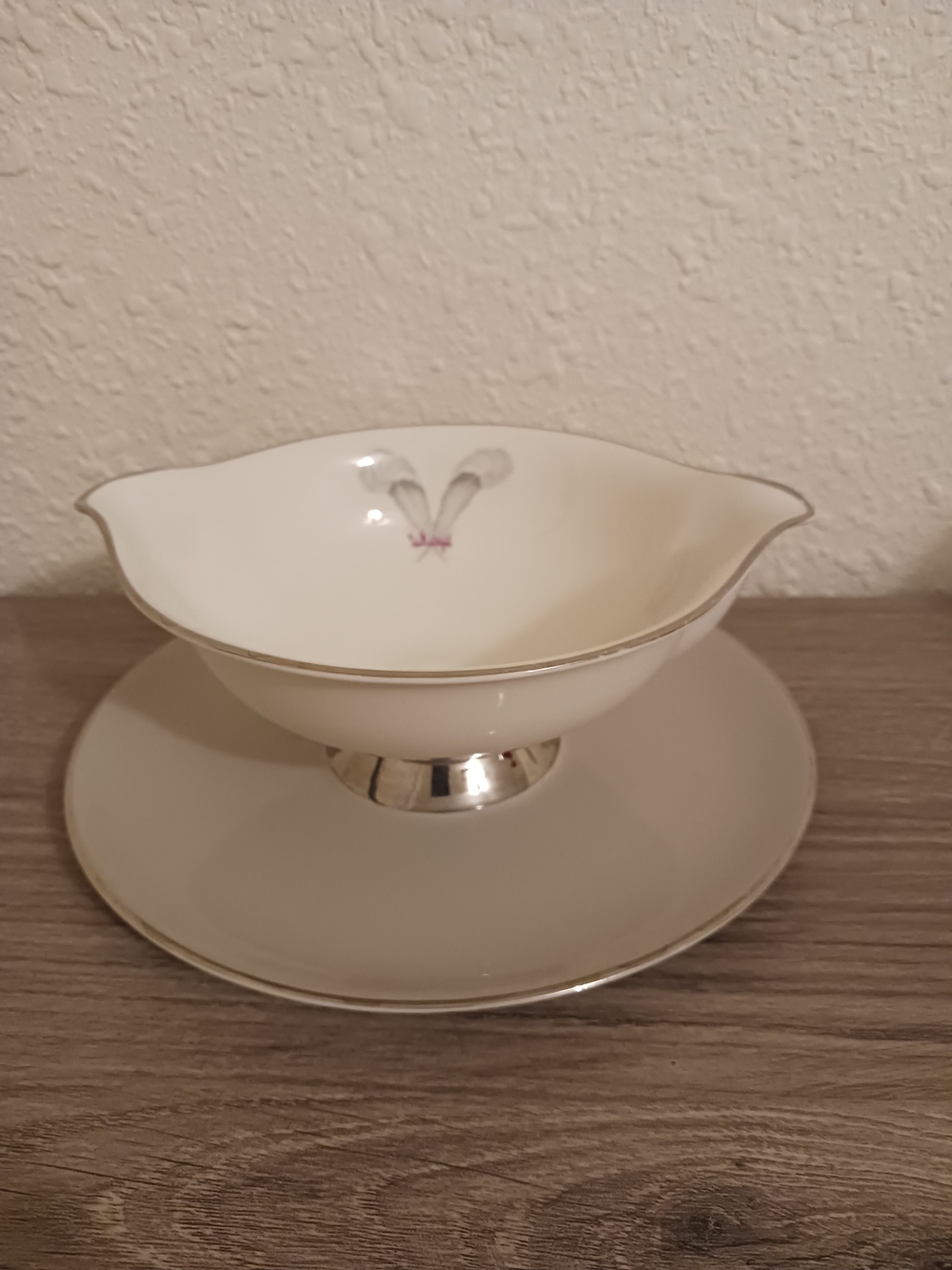 Vintage Syracuse Coronet China Silver, White Gravy Boat Feather Bow
